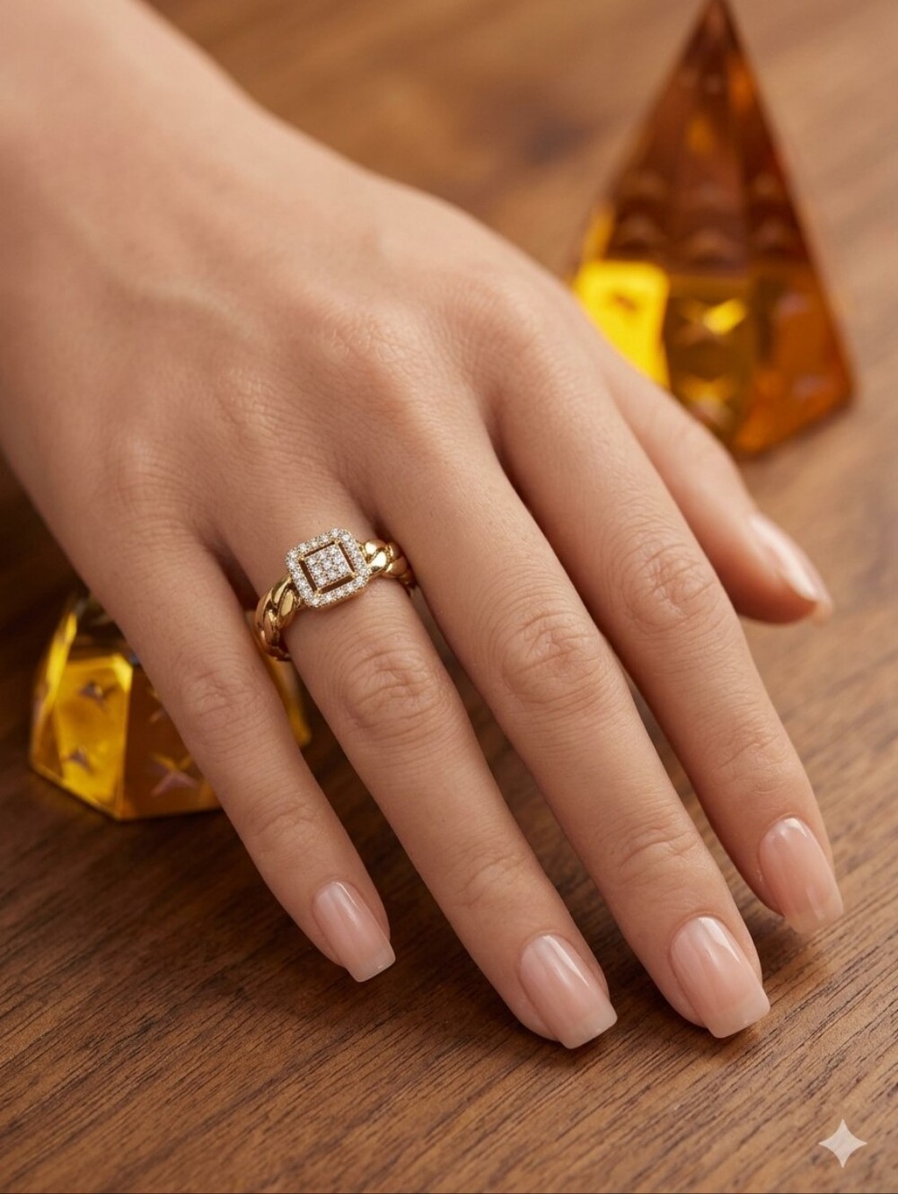 18k (750) Gold- Square Halo Cuban Links Ring with Clear Zirconia Stones